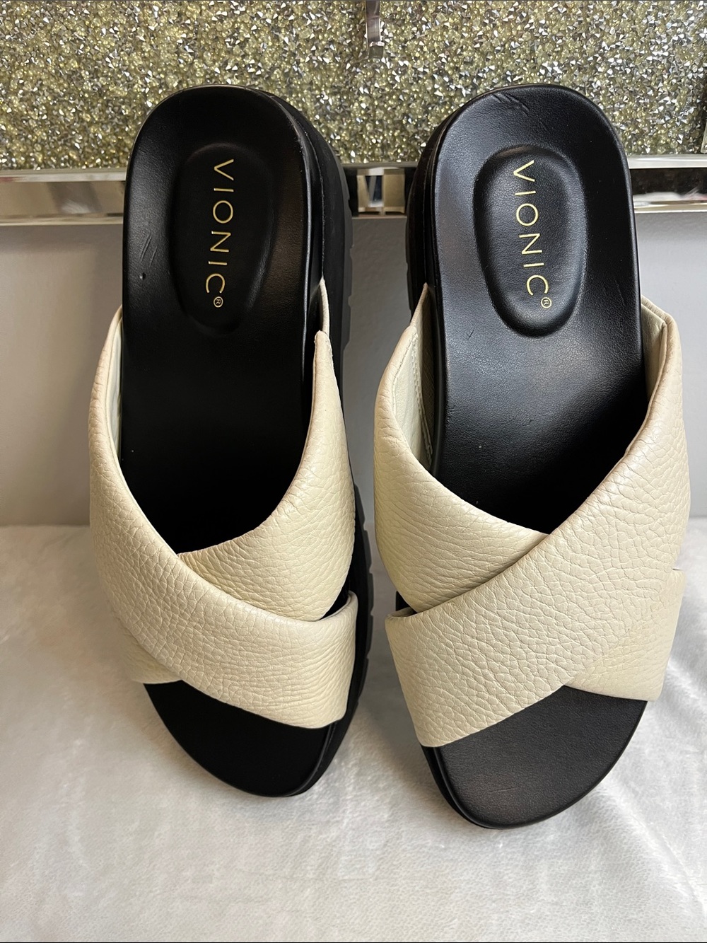 Vionic Ivory Leather Crisscross Slide Mules - Picture 8 of 12